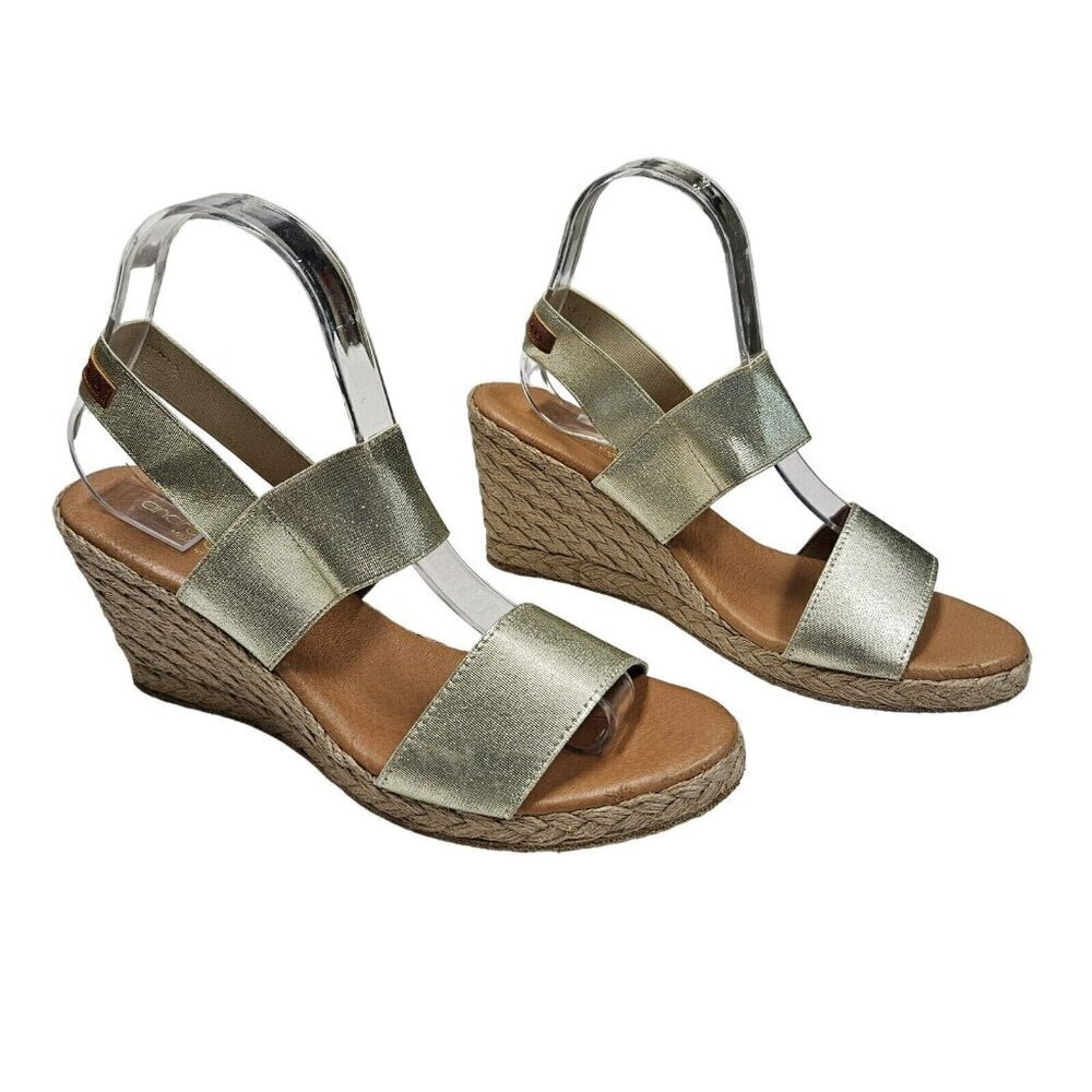 Andre Assous Allison Wedge Sandals Espadrille Gold Metallic Leather Womens 9-9.5